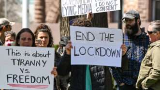 Protesters at Queen's Park on Saturday, April 25, 2020 demand an end to lockdowns. | https://www.flickr.com/photos/mmmswan/, CC0, via Wikimedia Commons