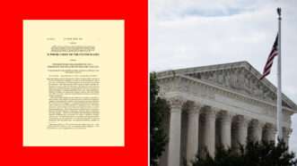 Court document on red background on the left, U.S. Supreme Court building on the right | Illustration: Lex Villena; Graeme Sloan/Sipa USA/Newscom