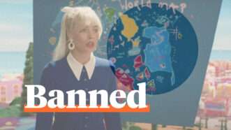 A still from the 2023 Barbie movie with a picture of a map of Vietnam with the word banned underlined | Illustration: Lex Villena; Warner Bros. Pictures