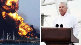 On the left, a storage container full of oil explodes in Matanzas, Cuba. On the right, Cuban President MIguel Díaz-Canel, a graying white man wearing a white shirt, gives a speech at a podium | Irene Perez/ZUMAPRESS/Newscom, CHINE NOUVELLE/SIPA/Newscom