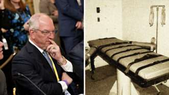Gov. John Bel Edwards on the left, execution chamber on the right | Illustration: Lex Villena; Conchasdiver
