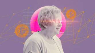 A purple background with orange and pink crypto symbols and a black and white photo of an old woman with pink laser eyes | Illustration: Lex Villena,Natalia Shabasheva, Ljupco