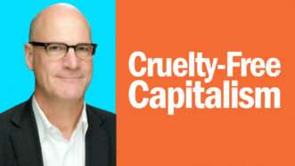 a headshot of Grant McCracken next to an orange background with white letters that say cruelty-free capitalism | Lex Villena, Reason