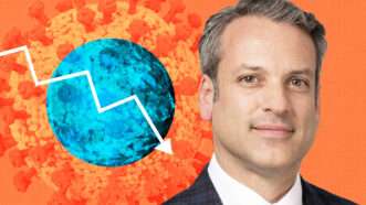 Ian Vasquez against an orange background with a blue model of coronavirus and a white declining arrow | Lex Villena, Reason