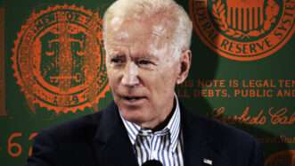 Headshot of President Joe Biden overlaid on a green background with orange money seals | Illustration: Lex Villena; Gage Skidmore 