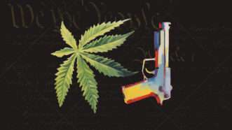 An illustration of a marijuana leaf and a handgun over the Constitution | Illustration: Lex Villena; Midjourney