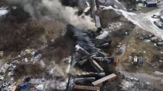 Aerial footage shows the train derailment in East Palestine, Ohio | CHINE NOUVELLE/SIPA/Newscom