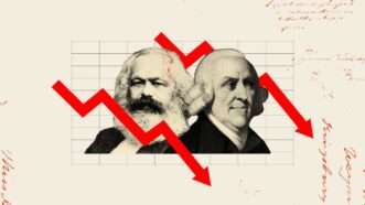 Depictions of Marx and Smith along a tan background with writing, downward red arrows bracketing them | Illustration: Lex Villena 