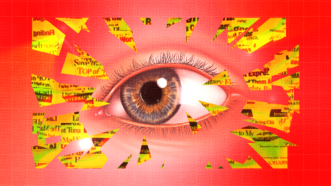 Red background with an eye in the middle with shattered pieces around it